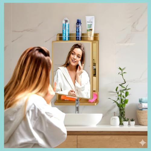Image of CIPLA PLAST Rich Look Bathroom Cabinet with Mirror | Storage Organiser | Strong Plastic Bathroom Shelves Wall Mounted | Bathroom Accessories| Mirror Cabinet (METELLIC Gold)
