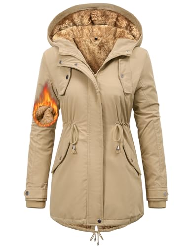 Nadeer Mantel Damen Winterjacke Lang Parka Gefüttert Wintermantel Wasserdicht mit Kapuze Warm Winterparka(Khaki,XL)