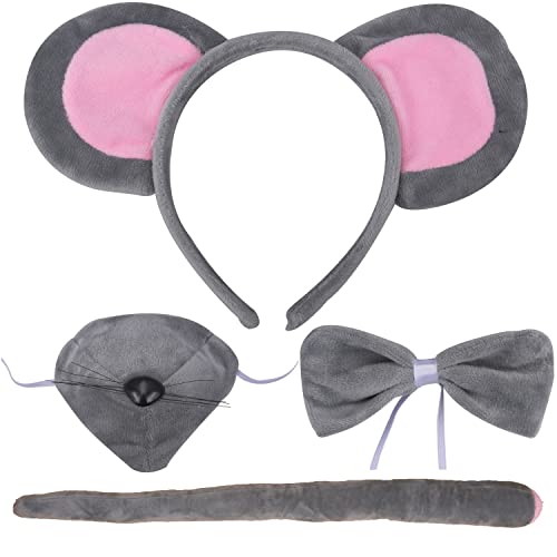 Lezevn 4 Pieces Mouse Costume Set Mouse Headband Ears Nose Bow Tie Tail for Halloween Fancy Dress