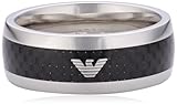 Este anillo de hombres de Emporio Armani presenta un patrón geométrico con logotipo en una banda pulida de acero inoxidable.