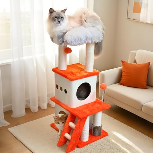 PET FULED 37.4-inch Cat Tree, Cat Tree Tower with Twin Cat Condos for Indoor Cats, Plush Cat House with Padded Perch, Scratching Ladder and Posts and Plush Balls for Kitty Play, Orange