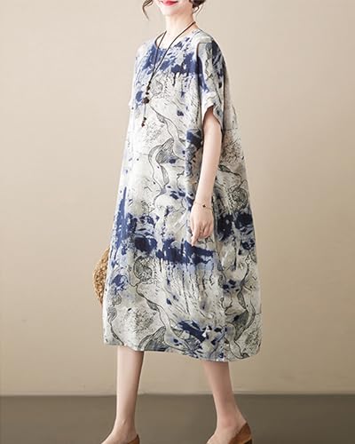 Image of LUZU JUNU Women's Summer Baggy Plus Size Loose Cotton Linen Long Boho Beach Dress with Pockets