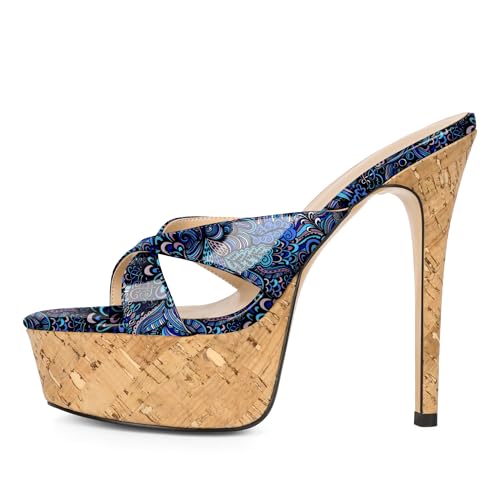 Image of Esvowido Heeled Mules for Women Cork Platform Stiletto Heels Slip on Open Toe High Heeled Sandals Crisscross Slippers Pumps Shoes