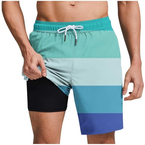 Men's Swimming Shorts with Liner and Pockets Quick Dry Summer Casual Athleric Trendy Stripe Print Bathing Suits Blue