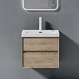 doporro mobile bagno sospeso 60cm, mobiletto per bagno con 2 cassetti include lavabo bianco rimo f161, rovere chiaro