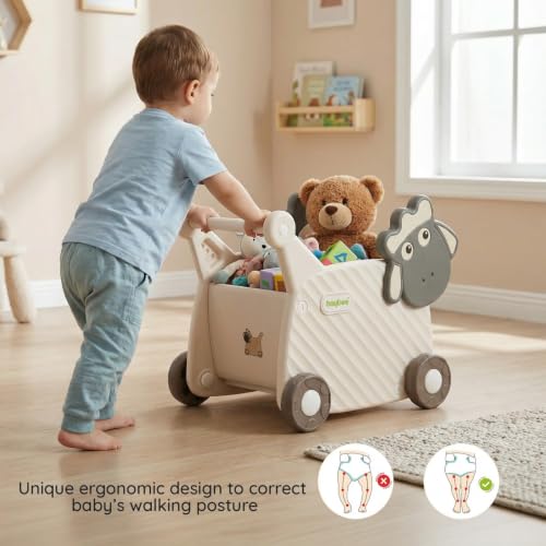 Image of Baybee 2 in 1 Push Walker with Shopping Cart for Kids | Smooth Rolling Wheels, Rounded Edges, WideToy Storage Organizer | Walking Support for Baby Boys & Girls 0-3 Years (White & Grey)