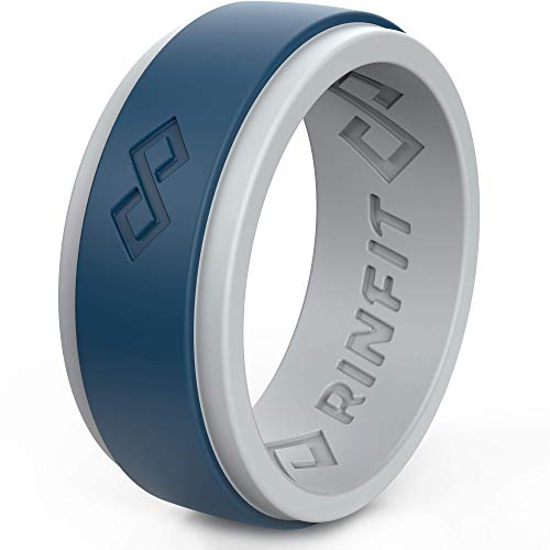 Rinfit Silicone Rings for Men 9mm Wide, 2mm Thick - Mens Rubber Wedding Bands - Infinity Ring with 2 Layers - Light Gray & Navy Blue, Size 10