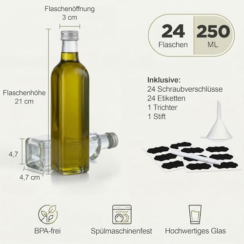 slkfactory 24 Glasflaschen 250ml zum Befüllen – Maraska Likörflaschen 250 ml Flaschen Schraubverschluss – Flasche Glas Etikett Verschenken Leere Kleine Öl Essig