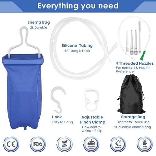 2L Enema Kit Colon Cleansing Irrigation Bag Set Silicone Enema Tubing Hose Tube Replacement, Coffee Enema Bucket Kit Home Shower Intestinal Irrigator for Men Women Detox Constipation 5Pcs Enema Nozzle - Thumbnail 4