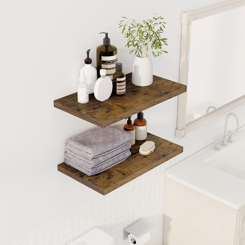 Image of Dreamland 24 inch Floating Shelves for Wall, 12 inch Deep Slim Rustic Brown Floating Shelves, Wall-Mounted Shelves for Bedroom, Living Room, Kitchen, Bathroom - Set of 2