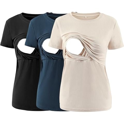 Liu & Qu Women's Maternity Nursing Tops Rib Short Sleeve Breastfeeding Shirts Maternity Clothes 3-Pack Cover