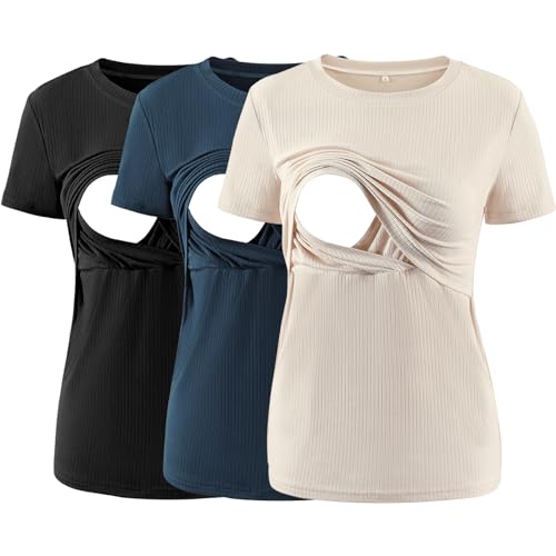 Image of Liu & Qu Women's Maternity Nursing Tops Rib Short Sleeve Breastfeeding Shirts Maternity Clothes 3-Pack