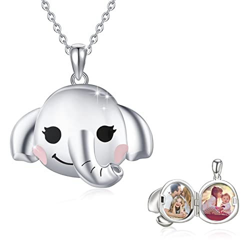 Elephant Locket Necklace That Hold 2 Photos Sterling Silver Round Shape Memory Picture Pendant Necklace Cute Lucky Animal Family Jewelry Birthday Gift For Women Girl Friend #TOP30