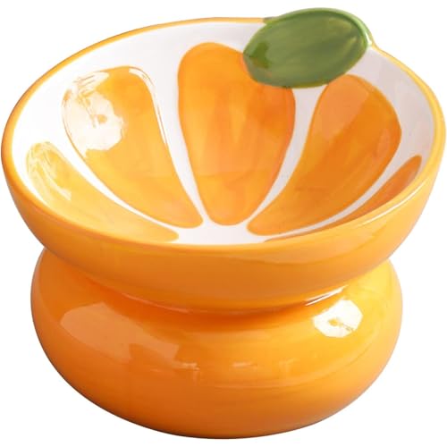 Diggly セラミック製 高さのあるキャットボウル 小さなキャットフードボウル 吐き出し防止&ペットの背骨保護 かわいい傾斜付きキャットディッシュ フラットフェイス猫と子猫用 (オレンジ)