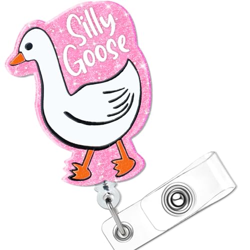 Funny [Glitter Pink] Silly Goose Badge Reel, Cute ID Badge Holder with Alligator Clip for Students, RN LPN Medical Assistant Work, Nursing Name Tag Card, Retractable Badge Reels for Nurse