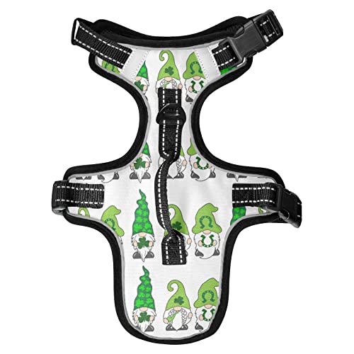 Oyihfvs St Patrick Day Gnomes with Green Shamrock Clovers Leaves on White Dog/Cat Vest Harness, Reflective Adjustable Antiskid No Pull Pet Harness with Leash Clips Easy Control Handle for Cats Dogs S