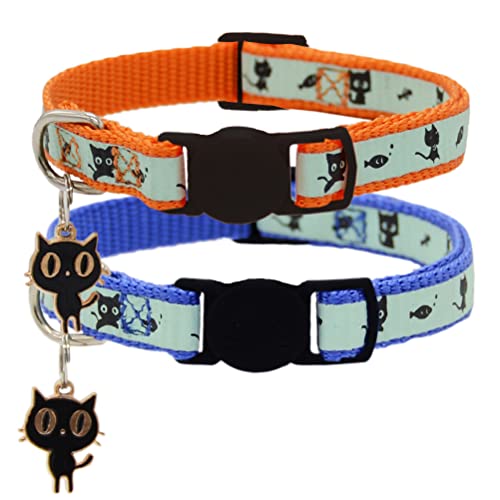 Image of 2 Pack Glow in The Dark Cat Collar with Bell Breakaway Safety Cat Puppy Collars with Pendant Orange and Blue