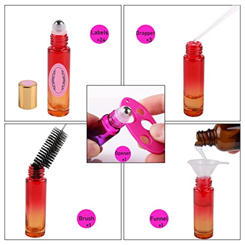 Inice 24 10Ml Thick Glass Roller Bottles Roll On Bottle Big Stainless Ball Gradient Color For Essential Oils (3 Dropper, 1 Funnel, 1 Extra Roller Ball, 1 Bottle Opener, 1 Brush, 24 Labels) #TOP3