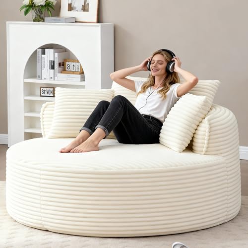 XOCN Oversized Corduroy Round Lounge Chair 53.5" Beige/White