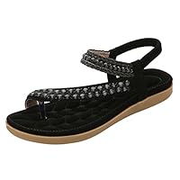 JEUROT Women's Summer Sandals Casual Comfortable Bohemia Beach Flat Sandal Arch Support Flip Flops Shoes Ankle Elastic Strap Sandalias De Mujer (Black, 9)