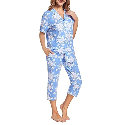 Image of Tugege Capri Pajamas Set Womens Button Down Short Sleeve Lounge Sets Sleepwear Notch Collar Top & Capri 2 Piece PJ Sets