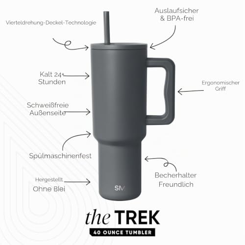 Simple Modern Thermobecher mit Strohhalm und Griff | Isolierter Edelstahl-Trinkbecher Eiskaffee-Reisebecher | Geschenke für Frauen und Männer | Trek | 1180ml | Graphite – Bild 2
