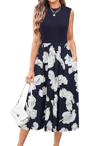 Image of Newshows Summer Dresses for Women UK Sleeveless Crewneck Midi Work Business Casual Sundress with Pockets(Blue Floral White,L)