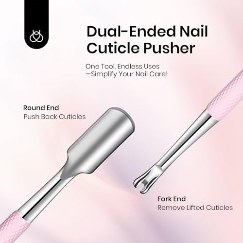 Image of Beetles Cuticle Pusher Dual Ended Cuticle Remover with Round End Push Back Cuticles Fork End Remove Lifted Cuticles Nail Prep Tool Stainless Steel Pink Two in One Dead Skin Nail Scraper