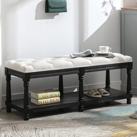 CIMOO Ottoman Storage Bench Upholstered Bedroom Bench for End of Bed Wooden Entryway Bench Tufted Padded Bench Seat for Farmhouse, Indoor Window, Black White Cover