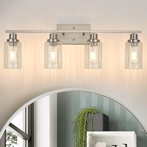 Image of Jonsi Brushed Nickel Bathroom Light Fixtures, 4-Light Brushed Nickel Vanity Light, Bathroom Vanity Light with Stripe Glass Shade, E26 Wall Sconces Over Mirror for Bathroom, Living Room, Hallway