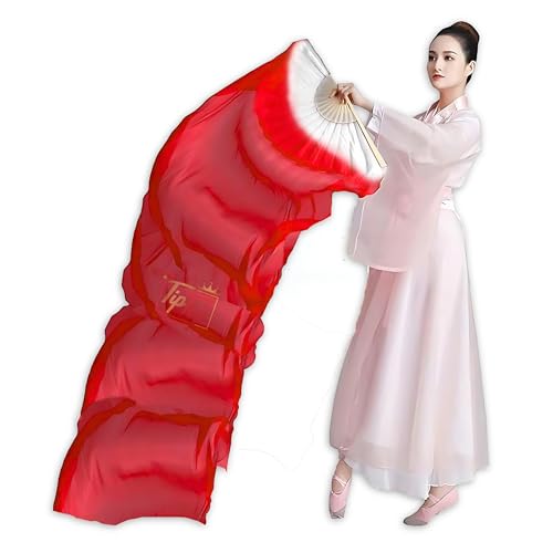 Image of Premium Dancing Long Veil Bamboo Folding Streamer Silk Hand Fan For Dance Shows (Imperial Red, Pack of 1 Piece)