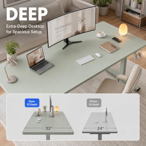 Image of Grandder 55x32 Extra-Deep Electric Standing Desk, Wide Desktop Fits 49 inch Ultrawide Monitor Dual Screens, 176lbs Capacity, 2 Memory Presets, Anti Collision, Computer Desk for Home Office&Gaming, Green