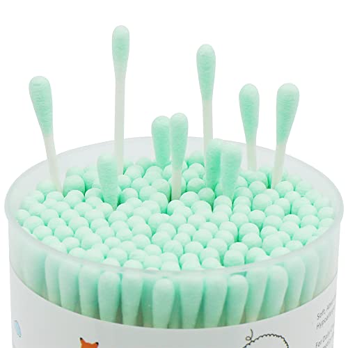 Image of Green Cotton Swabs Precision Pointed - 400 Count Pointy Organic Cotton Buds Double Side Tightly Wrapped Cotton Tips Paper Stick Soft Gentle Lint-Free Cruelty-Free, Pointy & Round (Green)