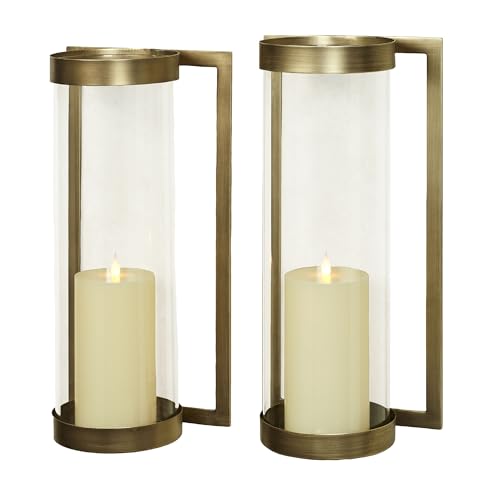 Crosce Satin Brass Metal Wall Sconce | Set of Two | Candleholder Sconces for Bedroom Living Room, Bathroom, Hallway, Entryway | Hurricane Style Glass
