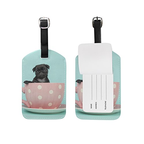 ALAZA Black Pug Puppy In Cup Luggage Tag PU Leather Bag Suitcases Label 2 Pieces Set