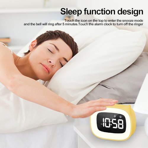 Aoreun Wecker Digital Kinder, Dual-Wecker mit licht Digital, Cute Katzen Kinderwecker Nachttischlampe Snooze Funktion 18 Musik 5 Helligkeitsmodus, zeitgesteuertes Nachtlicht wecker (Gelb)