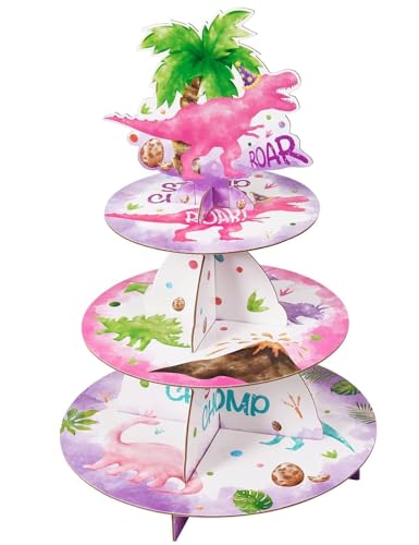WERNNSAI 3-Tier Watercolor Dinosaur Cupcake Stand - Dinosaur Birthday Party