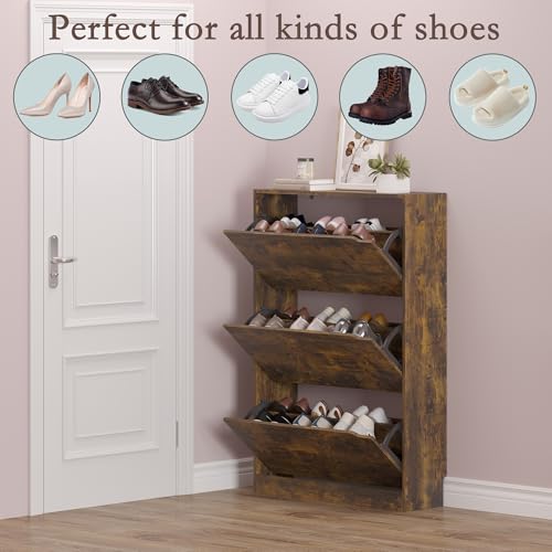 Image of BORNOON Shoe Cabinet with 3 Flip Drawers, Hidden Wood Shoe Cabinet,Freestanding Shoe Storage Cabinet for Entryway Hallway