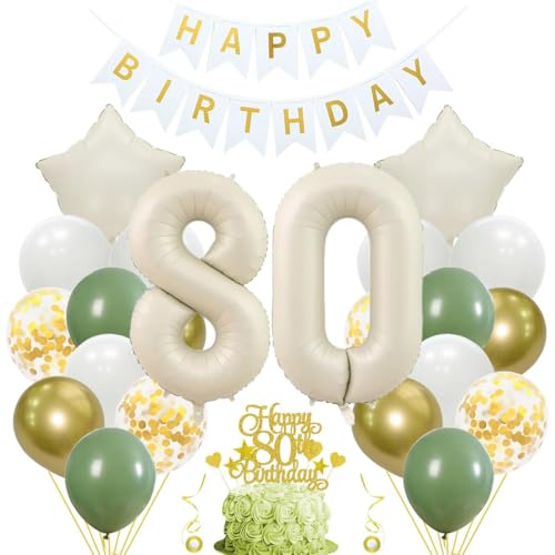 Jxuzh 80th Birthday Decoration Sage Green Decoration 80th Birthday Woman Man 80th Birthday Decoration Man Woman Balloon 80th Birthday Decoration Beige White Gold Birthday Decoration 80 Woman Cake