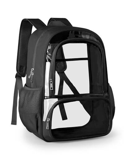 KIMNERPU Clear Backpack Fabric & PVC Transparent Backpack with Reinforced Strap for Women Men Heavy Duty Transparent Bookbag Large Capacity Clear Bag Travel Security Black