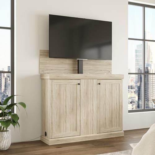 ECACAD Lift TV Stand Cabinet with Motor Rising & Lowering Mount Modern Entertainment Center with Storage for TVs up to 50 Inch Media Console Table for Living Room Light Brown