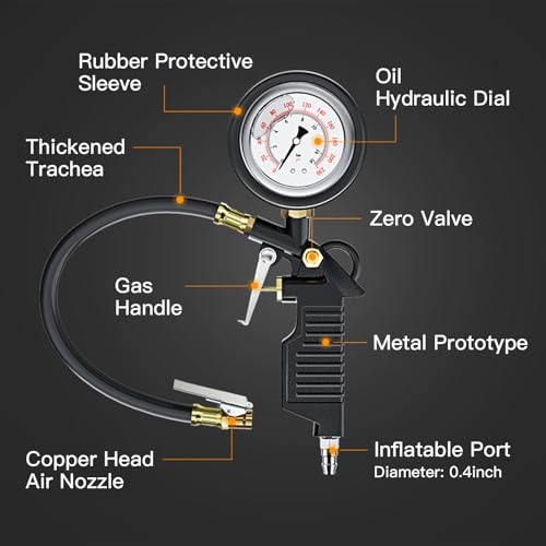 Image of Tire Inflator with Pressure Gauge, Heavy Duty Air Chuck with Gauge Rubber Hose for Air Compressor Tire Inflator Attachment, 230PSI, 16BAR