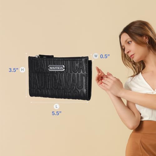 Image of Nautica High Tide Small Wallet for Women, RFID Blocking Slim Credit Card Holder with Zipper Coin Pocket, Bifold Compact Wallet with ID Window, Black Printed