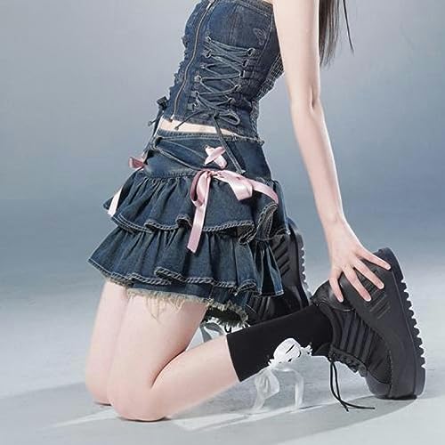 Denim skirt mini female kawaii elastic waist A-line splicing cute