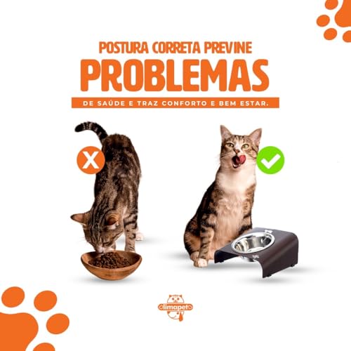 Comedouro Elevado Duplo para Gatos, Tigelas em Aço Inox Removíveis, Base em Alumínio com Pés Antider