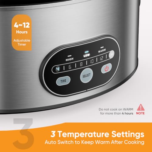 Image of NEWBULIG Slow Cooker 6 Quart, Large Slow Cooker, Ceramic Nonstick Coating, 3 Adjustable Temp Multi Cookers with Dishwasher Safe Stoneware Pot & Tempered Glass Lid, 35in Tangle Free Cord Wrap, Silver