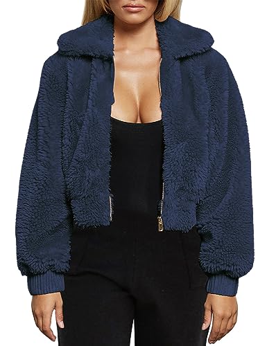 FANCYINN Chaqueta corta de piel sintética para mujer, abrigo de solapa peluda con cremallera y bolsillos, cálido invierno, Azul oscuro, S