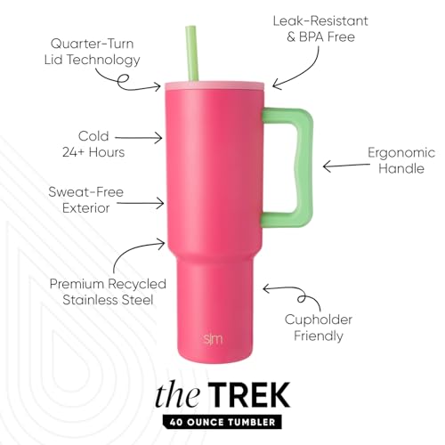Image of Simple Modern 40 oz Tumbler with Handle and Straw Lid | Premium Recycled Stainless Steel Water Bottle Travel Mug Cupholder Use | Gifts for Women Him Her | Trek Collection | Watermelon Splash