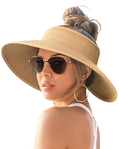 FURTALK Sun Visor Hats for Women Wide Brim Straw Ponytail Summer Beach Hat UV UPF Packable Foldable Travel Khaki