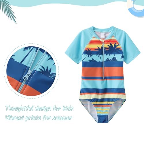 Image of Girls One Piece Rash Guard Swimsuits for Girl Short Sleeve Bathing Suits with Front Zipper Sun Protection Swimwear 3-16 Years